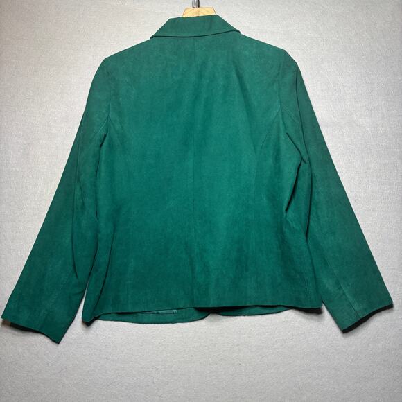 Studio Works Faux Suede Blazer Jacket 12 Emerald Green Gold Button Retro Chic - Picture 2 of 8